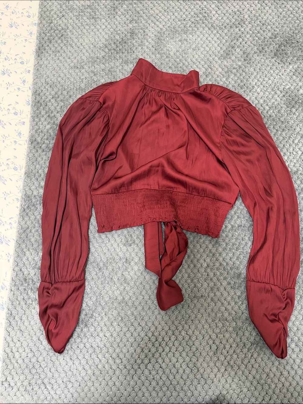 Zara Wine-Red Smocked Waist Long-Sleeve Blouse